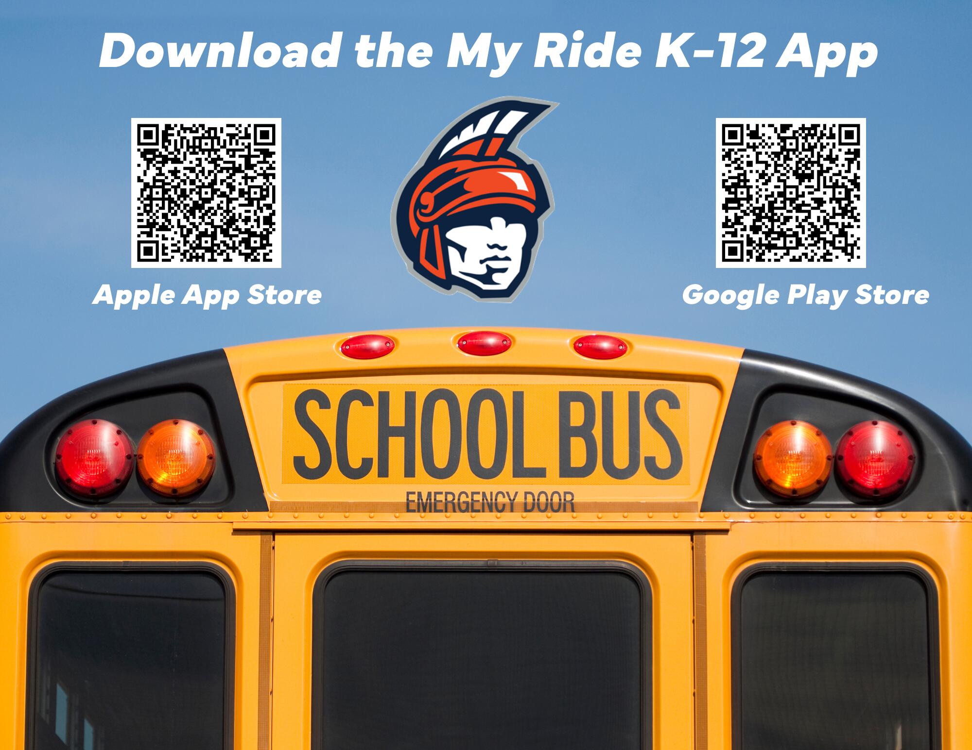 School Bus and Warrior Head with My Ride K-12 App QR Codes