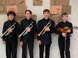 LHS freshmen Kaden Lake (trumpet), Landon Parry (trumpet) & Carter Thomas (trumpet), and SRM seventh-grader Luke Granbois (violin).