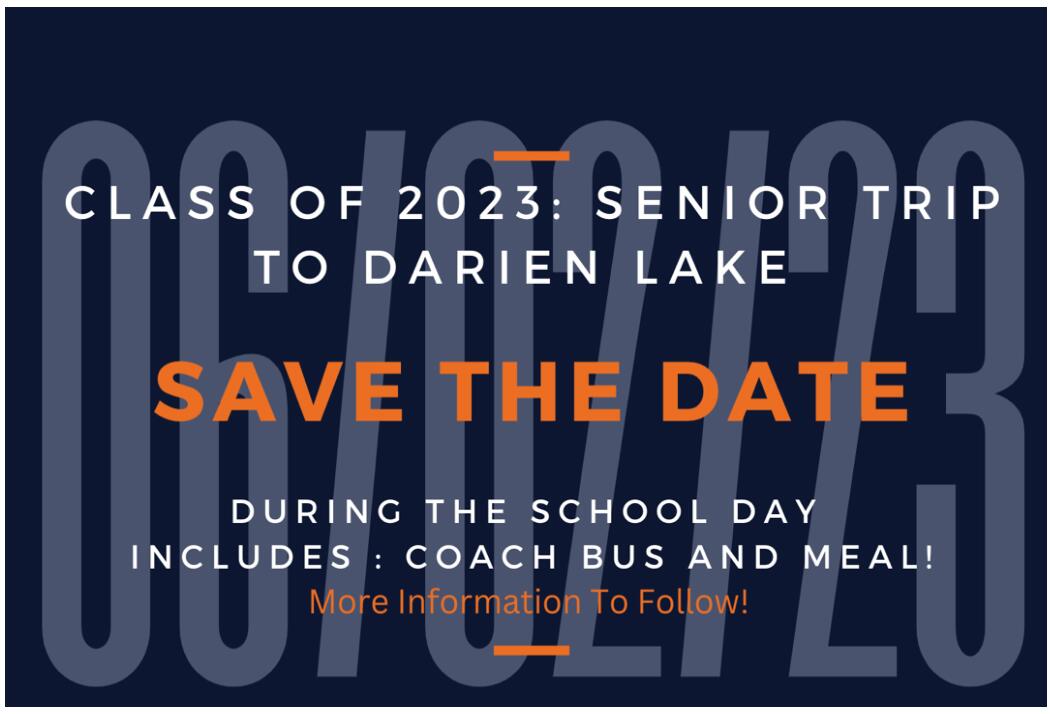 Senior trip to Darien Lake save the date June 2, 2023